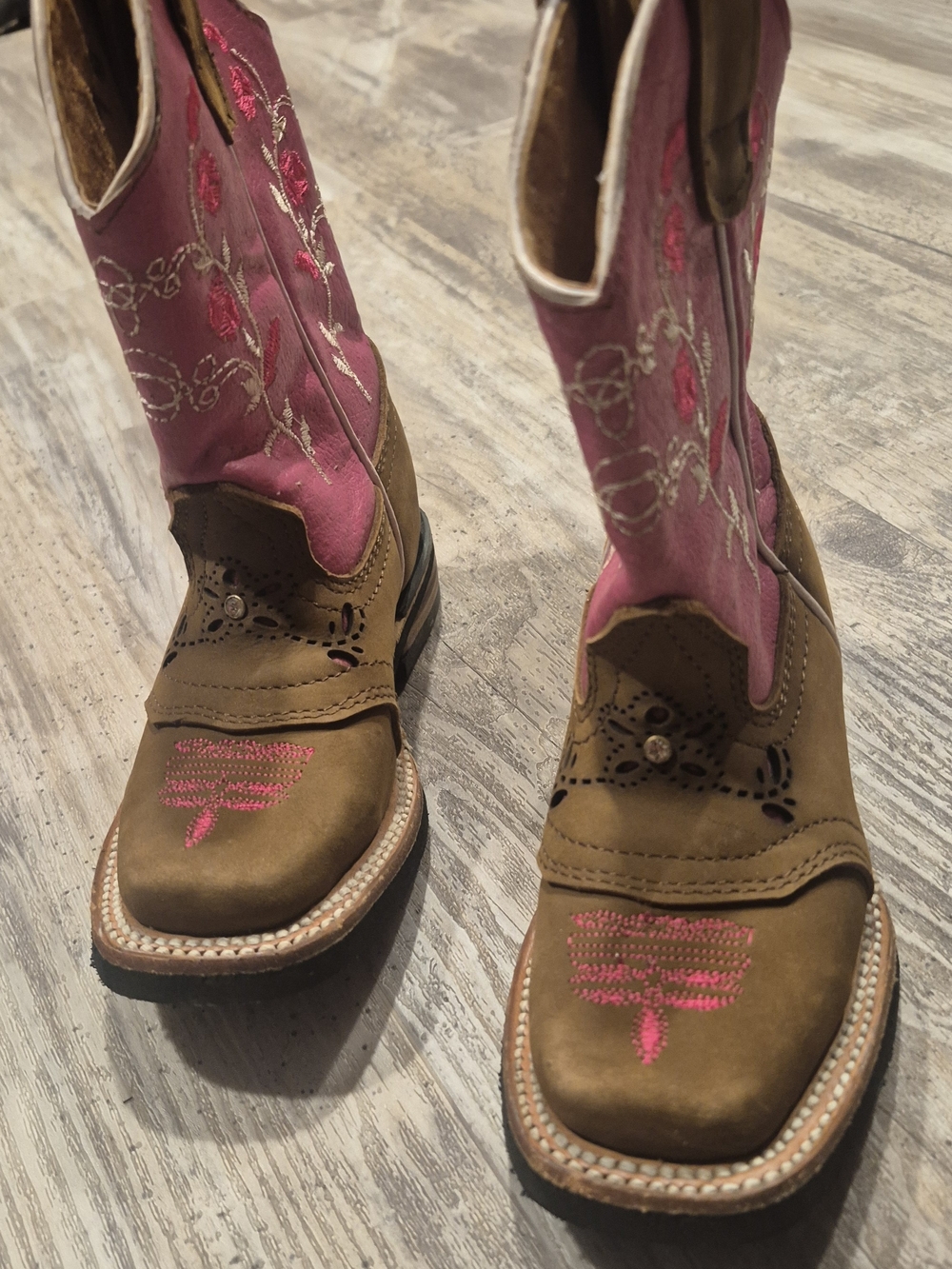 Kid's Brown & Pink Western Embroidered Cowboy Boots